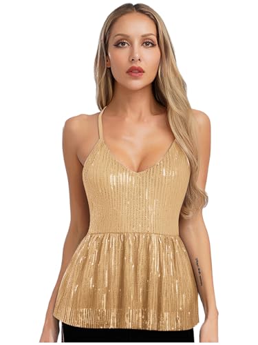 Aislor Damen Glitzer Pailletten Top Metallic Oberteile V-Ausschnitt Tanktop Ärmellose Trägerkleid Rückenfrei Minikleid Clubwear Rave Outfit Sekt S Aislor Damen Glitzer Pailletten Top Metallic Oberteile V-Ausschnitt Tanktop Ärmellose Trägerkleid Rückenfrei Minikleid Clubwear Rave Outfit Sekt S von Aislor