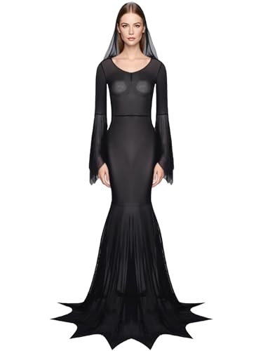 Aislor Damen Gothic Kleid Halloween Transparent Mesh Vampirkleid Langarm Mittelalterliches Kleid Teufels Hexen Cosplay Karneval Kostüm Schwarz 3XL von Aislor