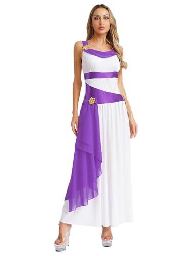Aislor Damen Griechische Göttin Kostüm Ärmellos Farbblock Kleid Vintage Mittelalter Kleid Griechisches Toga Halloween Faschingskostüm Weiß Lila XXL von Aislor