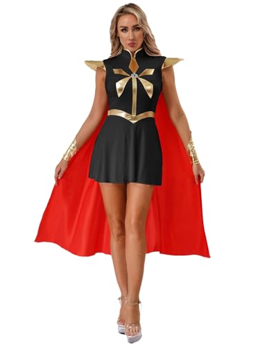 Aislor Damen Griechische Göttin Kostüm Halloween Cosplay Römer Gladiator Kostüm Metallic Patchwork Kleid mit Umhang Faschingskostüm Rave Outfit Schwarz XXL von Aislor