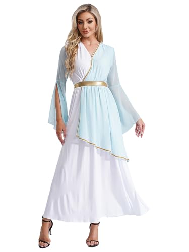 Aislor Damen Griechische Göttin Kostüm Halloween Cosplay Set Farbblock Kleid Retro Langarm Kleid Lang Karnevalskostüm Rave Outfit Clubwear Hellblau XL von Aislor