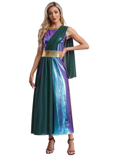 Aislor Damen Griechische Göttin Kostüm Halloween Glitzer Metallic Kleid Mittelalter Robe Griechisches Toga Kostüm Cosplay Set Karneval Faschingskostüm Blau L von Aislor