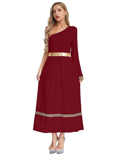 Aislor Damen Griechische Göttin Kostüm Halloween One-shoulder Rückenfre Kleid Vintage Mittelalter Robe Griechisches Toga Kostüm Cosplay Fasching Karnevalskostüm Burgund 3XL von Aislor