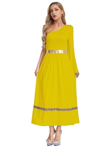 Aislor Damen Griechische Göttin Kostüm Halloween One-shoulder Rückenfre Kleid Vintage Mittelalter Robe Griechisches Toga Kostüm Cosplay Fasching Karnevalskostüm Gelb 3XL von Aislor