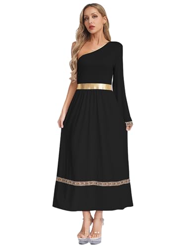 Aislor Damen Griechische Göttin Kostüm Halloween One-shoulder Rückenfre Kleid Vintage Mittelalter Robe Griechisches Toga Kostüm Cosplay Fasching Karnevalskostüm Schwarz S von Aislor