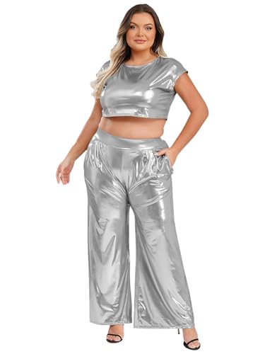 Aislor Damen Große Größen Disco Kostüm Set Glitzer Top mit Schlaghosen Metallic Oberteile Clubwear Nachtclubs Mottopartys Silber 3XL von Aislor