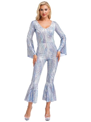Aislor Damen Hippie Jumpsuit Langarm 60er 70er Jahre Kostüm Glitzer Disco Outfit Bodysuit mit Trompetenärmel Schlaghose Fasching Kostüm Rave Outfit Silber XXL Aislor Damen Hippie Jumpsuit Langarm 60er 70er Jahre Kostüm Glitzer Disco Outfit Bodysuit mit Trompetenärmel Schlaghose Fasching Kostüm Rave Outfit Silber XXL von Aislor
