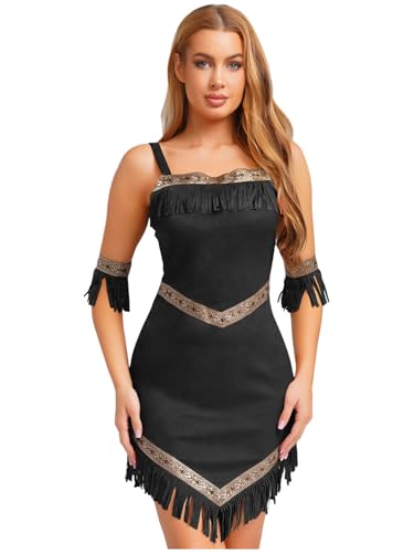 Aislor Damen Indianerin Kostüm Retro Indianer Wildleder Kleid mit Armstulpen Ärmellose Quasten Minikleid Halloween Cosplay Karneval Kostüm Clubwear Schwarz S Aislor Damen Indianerin Kostüm Retro Indianer Wildleder Kleid mit Armstulpen Ärmellose Quasten Minikleid Halloween Cosplay Karneval Kostüm Clubwear Schwarz S von Aislor