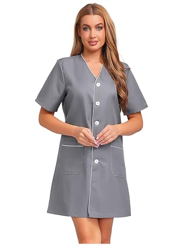 Aislor Damen Kosmetikerin Arbeitsanzug Kurzarm Pflege Arbeitskleid mit Taschen V-ausschnitt Kleid Masseurin Spa Pflege Kostüm Halloween Cosplay Faschingskostüm Grau XL Aislor Damen Kosmetikerin Arbeitsanzug Kurzarm Pflege Arbeitskleid mit Taschen V-ausschnitt Kleid Masseurin Spa Pflege Kostüm Halloween Cosplay Faschingskostüm Grau XL von Aislor