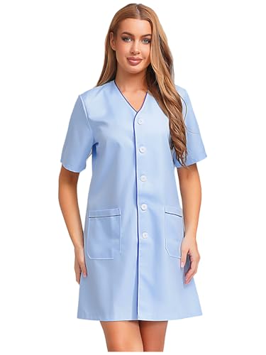 Aislor Damen Kosmetikerin Arbeitsanzug Kurzarm Pflege Arbeitskleid mit Taschen V-ausschnitt Kleid Masseurin Spa Pflege Kostüm Halloween Cosplay Faschingskostüm Hellblau XL Aislor Damen Kosmetikerin Arbeitsanzug Kurzarm Pflege Arbeitskleid mit Taschen V-ausschnitt Kleid Masseurin Spa Pflege Kostüm Halloween Cosplay Faschingskostüm Hellblau XL von Aislor