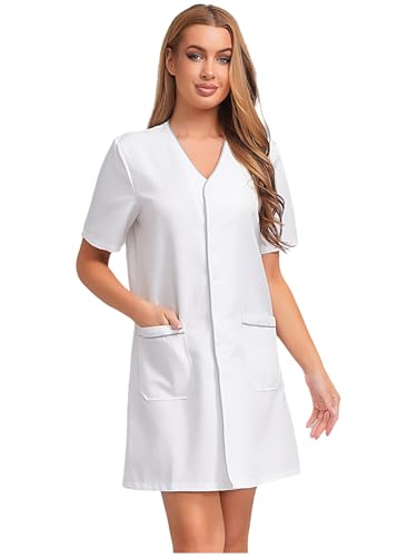 Aislor Damen Kosmetikerin Arbeitsanzug Kurzarm Pflege Arbeitskleid mit Taschen V-ausschnitt Kleid Masseurin Spa Pflege Kostüm Halloween Cosplay Faschingskostüm Weiß XL Aislor Damen Kosmetikerin Arbeitsanzug Kurzarm Pflege Arbeitskleid mit Taschen V-ausschnitt Kleid Masseurin Spa Pflege Kostüm Halloween Cosplay Faschingskostüm Weiß XL von Aislor