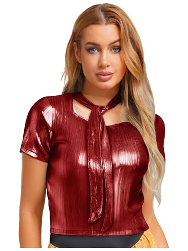 Aislor Damen Kurzarm T-shirt Metallic Glitzer Crop Tops Bauchfreie Oberteile Rave Party Clubwear Faschingskostüm Nachtclubs Burgundy XL Aislor Damen Kurzarm T-shirt Metallic Glitzer Crop Tops Bauchfreie Oberteile Rave Party Clubwear Faschingskostüm Nachtclubs Burgundy XL von Aislor