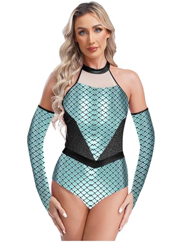 Aislor Damen Meerjungfrau Kostüm Halloween Metallic Body Pailletten Bodysuit Rückenfrei Turnanzug Festivals Outfit Karnevalskostüm Minzgrün XXL von Aislor