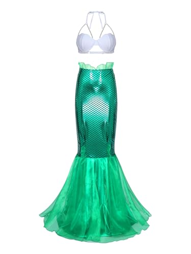 Aislor Damen Meerjungfrau Kostüm Set Glitzer Metallic Muschel Bh mit Perlenketten Fischschwanz Rock Halloween Cosplay Faschingskostüm Rave Outfit Clubwear Typ E L von Aislor