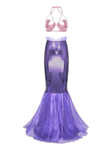 Aislor Damen Meerjungfrau Kostüm Set Glitzer Metallic Muschel Bh mit Perlenketten Fischschwanz Rock Halloween Cosplay Faschingskostüm Rave Outfit Clubwear Typ I L von Aislor
