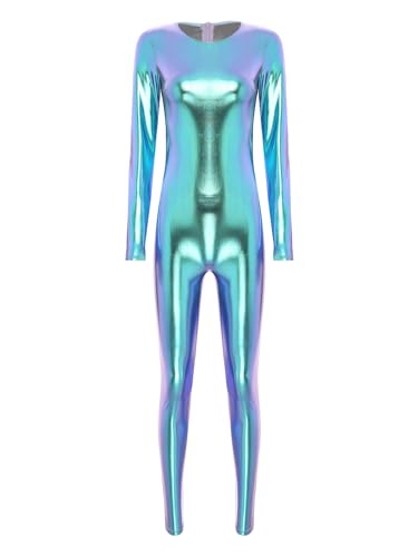 Aislor Damen Metallic Body Langarm Bodysuit Einteiler Jumpsuit Overall Catsuit Spacegirl Kostüm Astronautin Karnevalskostüm Disco Tanz Kostüm Blau 3XL von Aislor