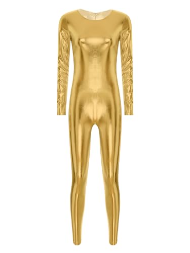 Aislor Damen Metallic Body Langarm Bodysuit Einteiler Jumpsuit Overall Catsuit Spacegirl Kostüm Astronautin Karnevalskostüm Disco Tanz Kostüm Gold 3XL von Aislor