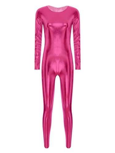 Aislor Damen Metallic Body Langarm Bodysuit Einteiler Jumpsuit Overall Catsuit Spacegirl Kostüm Astronautin Karnevalskostüm Disco Tanz Kostüm Hot Pink M von Aislor