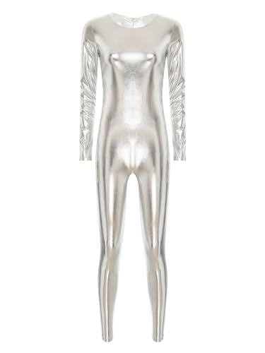 Aislor Damen Metallic Body Langarm Bodysuit Einteiler Jumpsuit Overall Catsuit Spacegirl Kostüm Astronautin Karnevalskostüm Disco Tanz Kostüm Silber XL von Aislor