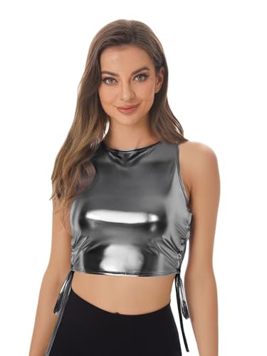 Aislor Damen Metallic Crop Top mit Seiten Schnürung Glitzer Tanktop Disco Tanz Outfit Clubwear Fasching Karnevalskostüm Grau XL Aislor Damen Metallic Crop Top mit Seiten Schnürung Glitzer Tanktop Disco Tanz Outfit Clubwear Fasching Karnevalskostüm Grau XL von Aislor