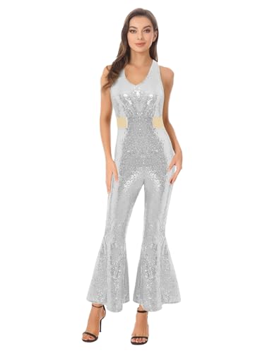 Aislor Damen Metallic Disco Kostüm 60er 70er Jahre Glitzer Jumpsuit mit Schlaghose Ärmellos Rückenfrei Overall Karneval Fasching Nachtclubs Silber M Aislor Damen Metallic Disco Kostüm 60er 70er Jahre Glitzer Jumpsuit mit Schlaghose Ärmellos Rückenfrei Overall Karneval Fasching Nachtclubs Silber M von Aislor
