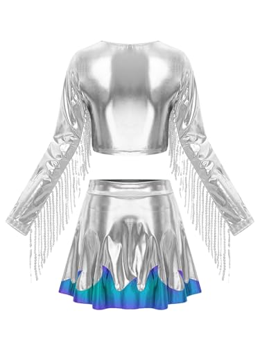 Aislor Damen Metallic Glitzer Disco Kostüm Fransen Crop Top mit A-linie Minirock Langarm Tanztop Metallic Patchwork Tanzrock Karneval Rave Party Silber M Aislor Damen Metallic Glitzer Disco Kostüm Fransen Crop Top mit A-linie Minirock Langarm Tanztop Metallic Patchwork Tanzrock Karneval Rave Party Silber M von Aislor