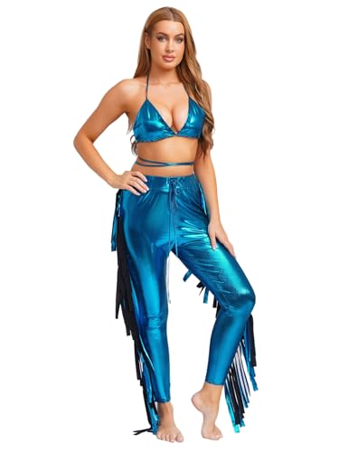 Aislor Damen Metallic Glitzer Meerjungfrau Kostüm Triangel Bh mit Fransen Hosen Rückenfrei Tank Top Haremhosen Halloween Cosply Karnevalskostüm Blau Einheitsgröße Aislor Damen Metallic Glitzer Meerjungfrau Kostüm Triangel Bh mit Fransen Hosen Rückenfrei Tank Top Haremhosen Halloween Cosply Karnevalskostüm Blau Einheitsgröße von Aislor