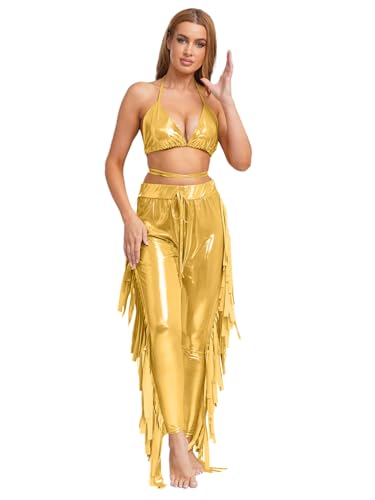 Aislor Damen Metallic Glitzer Meerjungfrau Kostüm Triangel Bh mit Fransen Hosen Rückenfrei Tank Top Haremhosen Halloween Cosply Karnevalskostüm Gelb Einheitsgröße Aislor Damen Metallic Glitzer Meerjungfrau Kostüm Triangel Bh mit Fransen Hosen Rückenfrei Tank Top Haremhosen Halloween Cosply Karnevalskostüm Gelb Einheitsgröße von Aislor
