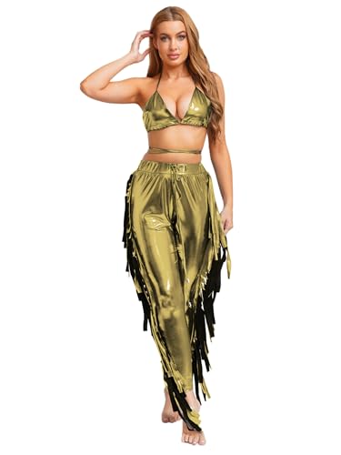 Aislor Damen Metallic Glitzer Meerjungfrau Kostüm Triangel Bh mit Fransen Hosen Rückenfrei Tank Top Haremhosen Halloween Cosply Karnevalskostüm Gold Einheitsgröße Aislor Damen Metallic Glitzer Meerjungfrau Kostüm Triangel Bh mit Fransen Hosen Rückenfrei Tank Top Haremhosen Halloween Cosply Karnevalskostüm Gold Einheitsgröße von Aislor