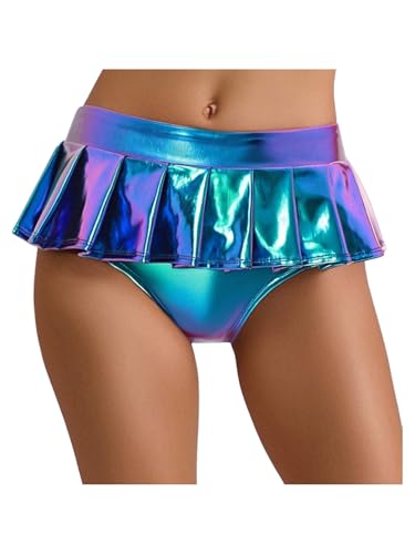 Aislor Damen Metallic Rock Glitzer Faltenrock Holographi Minirock mit Tanga Unterwäsche Mottoparty Kostüm Nachtclub Fasching Kostüm Blau XXL von Aislor