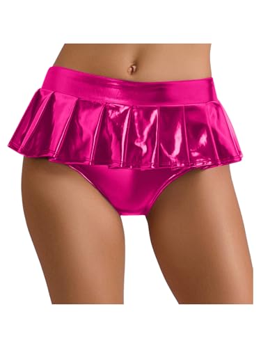 Aislor Damen Metallic Rock Glitzer Faltenrock Holographi Minirock mit Tanga Unterwäsche Mottoparty Kostüm Nachtclub Fasching Kostüm Hot Pink XL von Aislor
