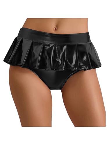 Aislor Damen Metallic Rock Glitzer Faltenrock Holographi Minirock mit Tanga Unterwäsche Mottoparty Kostüm Nachtclub Fasching Kostüm Schwarz M von Aislor