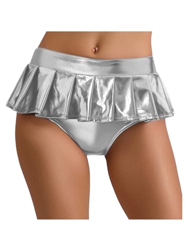 Aislor Damen Metallic Rock Glitzer Faltenrock Holographi Minirock mit Tanga Unterwäsche Mottoparty Kostüm Nachtclub Fasching Kostüm Silber M von Aislor