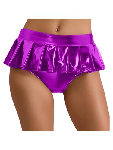 Aislor Damen Metallic Rock Glitzer Faltenrock Holographi Minirock mit Tanga Unterwäsche Mottoparty Kostüm Nachtclub Fasching Kostüm Violett S von Aislor