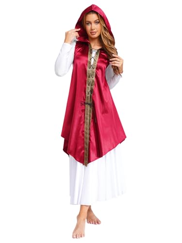 Aislor Damen Mittelalter Umhang mit Kapuze Ärmellos Umhang Kostüm Unregelmäßiger Saum Mantel Halloween Weihnachten Karneval Fasching Clubwear Burgundy XXL von Aislor