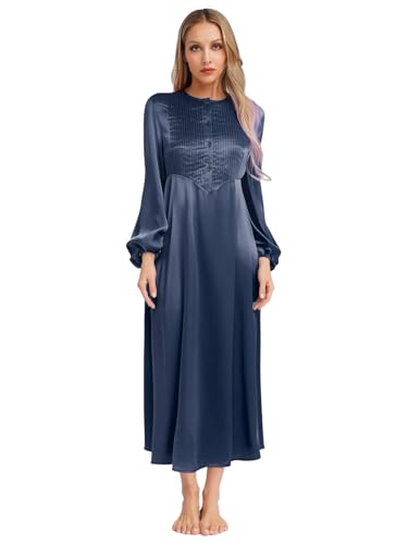 Aislor Damen Muslimisches Kleid Arabisch Dubai Kleid Kirche Elegant Robe Langarm Satin Abendkleid Stickerei Kleidung Fasching Karneval Clubwear Navy blau XL von Aislor