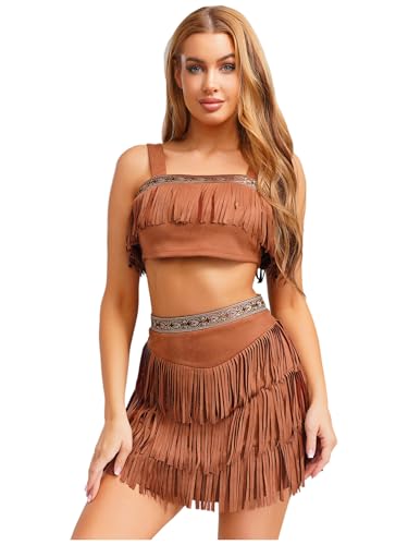 Aislor Damen Native Kostüm Indianer Kostüme Cosplay Set Ärmellose Wildleder Crop Top mit Fransen Rock Halloween Clubwear Karnevalskostüm Braun L von Aislor