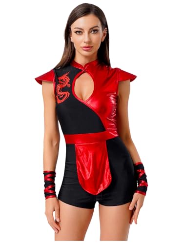 Aislor Damen Ninja Kostüm Metallic Patchwork Bodysuit mit Drachenprint Japanischer Krieger Gladiator Cosplay Set Halloween Karnevalskostüm Rot M von Aislor