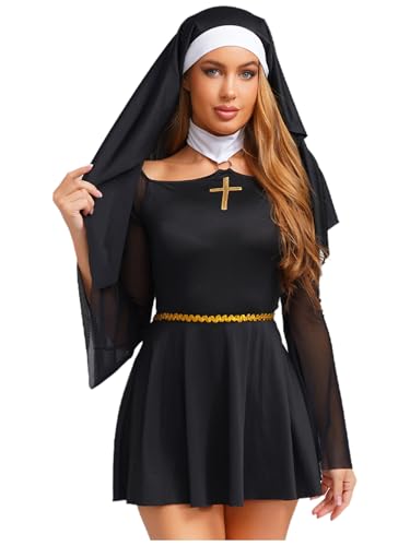 Aislor Damen Nonnen Kostüm Schwarz Mesh Nonnenkleid mit Kopftuch Kirche Ordensschwester Halloween Cosplay Karneval Kostüm Schwarz XXL Aislor Damen Nonnen Kostüm Schwarz Mesh Nonnenkleid mit Kopftuch Kirche Ordensschwester Halloween Cosplay Karneval Kostüm Schwarz XXL von Aislor