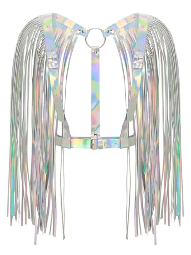 Aislor Damen PU Leder Kostüm Fransen Top Tassels Halb Körper Brustharness Accessoire Bühnenperformance Fasching Karnevalskostüm Clubwear Glänzendes Silber One Size Aislor Damen PU Leder Kostüm Fransen Top Tassels Halb Körper Brustharness Accessoire Bühnenperformance Fasching Karnevalskostüm Clubwear Glänzendes Silber One Size von Aislor
