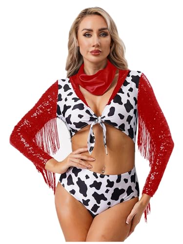 Aislor Damen Pailletten Bodysuit Kuh Muster Patchwork Body mit Quasten Cut Out Catsuit Western Cowgirl Kostüm Halloween Karneval Kostüm Rave Outfit Rot S von Aislor
