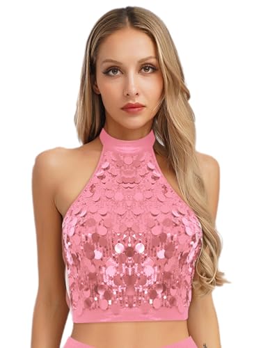 Aislor Damen Pailletten Crop Tops Glitzer Vintage Tanktop Rückenfrei Bauchfreie Oberteile Top Disco Kostüm Tanztop Dancewear Rave Outfit Rosa XXL von Aislor
