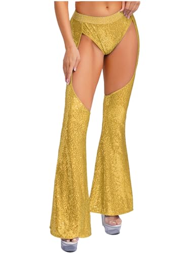 Aislor Damen Pailletten Schlaghosen Glitzer Disco Hosen 70er 80er Cut Out Hotpants Glockenboden Hosen Halloween Faschingskostüm Rave Clubwear Gold 3XL von Aislor