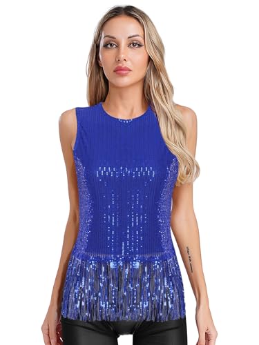 Aislor Damen Pailletten Tank Top Glitzer Crop Top Ärmellose Quasten Oberteile Nachtclub Clubwear Fasching Kostüm Rave Outfit Blau S von Aislor