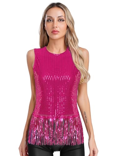 Aislor Damen Pailletten Tank Top Glitzer Crop Top Ärmellose Quasten Oberteile Nachtclub Clubwear Fasching Kostüm Rave Outfit Hot Pink XXL von Aislor