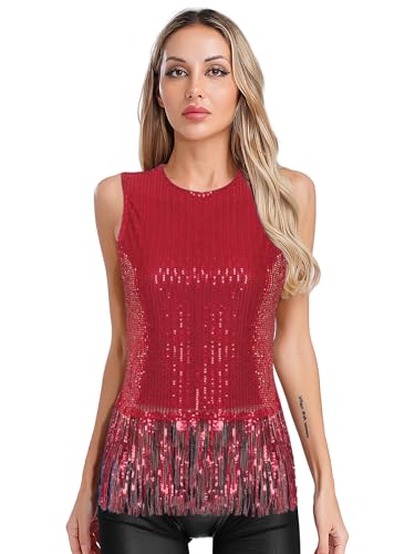 Aislor Damen Pailletten Tank Top Glitzer Crop Top Ärmellose Quasten Oberteile Nachtclub Clubwear Fasching Kostüm Rave Outfit Rot XL von Aislor