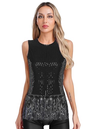 Aislor Damen Pailletten Tank Top Glitzer Crop Top Ärmellose Quasten Oberteile Nachtclub Clubwear Fasching Kostüm Rave Outfit Schwarz XL von Aislor