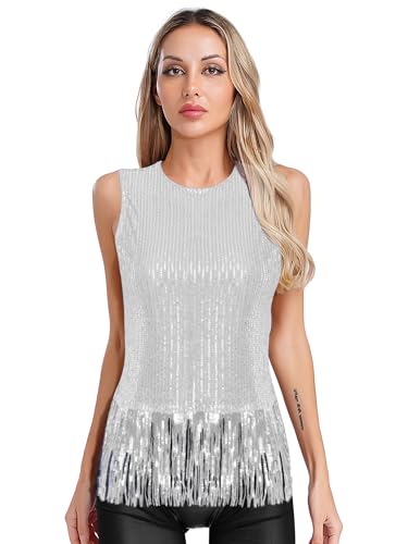 Aislor Damen Pailletten Tank Top Glitzer Crop Top Ärmellose Quasten Oberteile Nachtclub Clubwear Fasching Kostüm Rave Outfit Silber S von Aislor