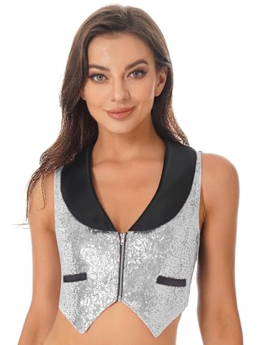 Aislor Damen Pailletten Weste Ärmellos Crop Top Glitzer Tank Top Bauchfreie Oberteile Clubwear Halloween Fasching Kostüm Rave Outfit Mottopartys Silber L Aislor Damen Pailletten Weste Ärmellos Crop Top Glitzer Tank Top Bauchfreie Oberteile Clubwear Halloween Fasching Kostüm Rave Outfit Mottopartys Silber L von Aislor