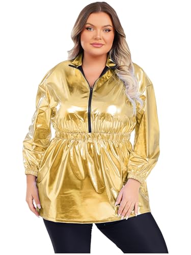 Aislor Damen Plus Size Metallic Glitzer Kleid Pu Leder Kleid Langarm A-linien Kleider Disco Kostüme Cosply Set Clubwear Faschingskostüm Gold XL Aislor Damen Plus Size Metallic Glitzer Kleid Pu Leder Kleid Langarm A-linien Kleider Disco Kostüme Cosply Set Clubwear Faschingskostüm Gold XL von Aislor